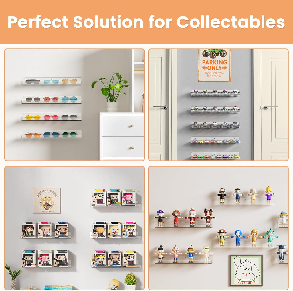 Upsimples Acrylic Floating Shelves - 15" Wall Organizer for Bathroom, Bedroom & Nursery | Clear 4-Pack