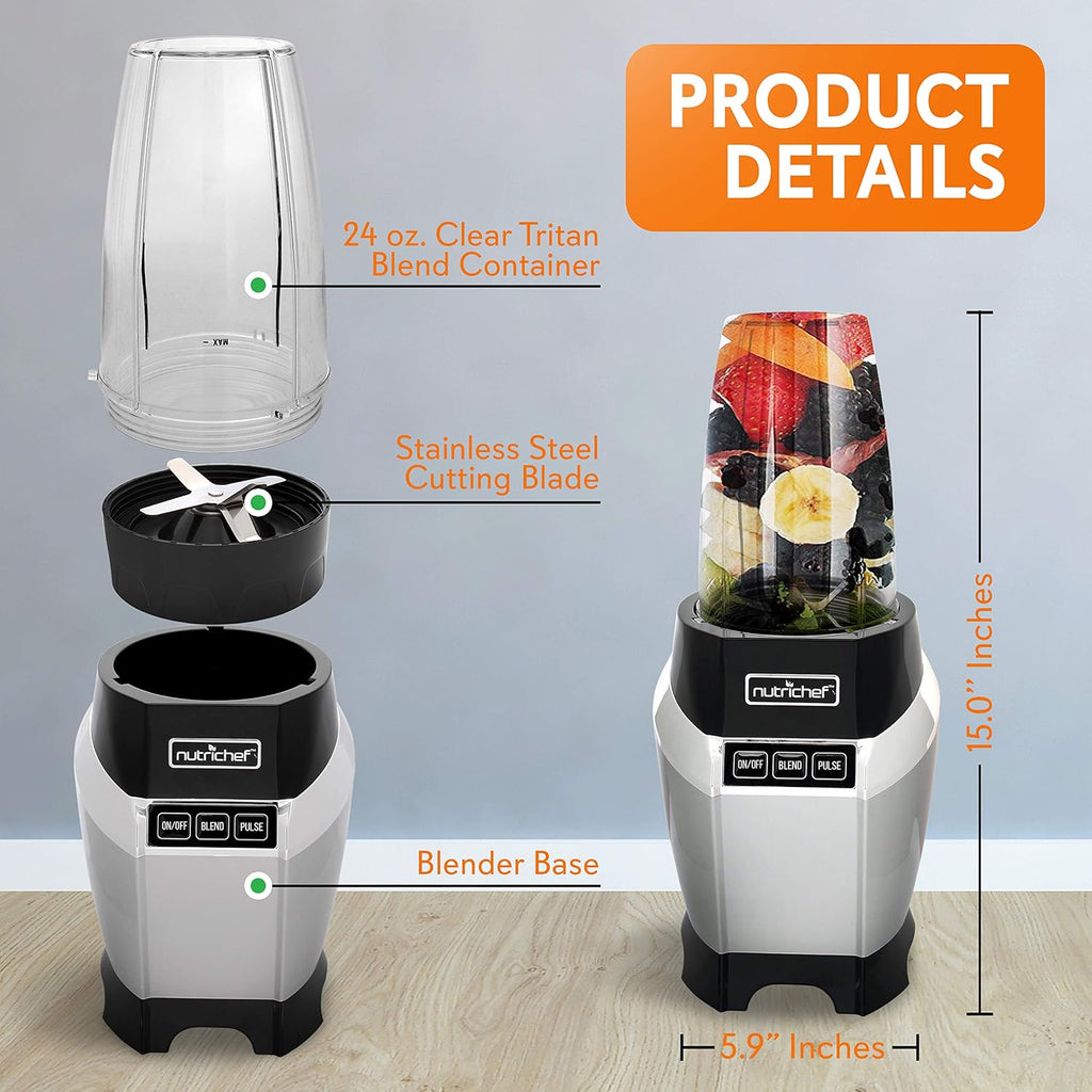 NutriChef Personal Electric Blender - Compact Mini Blender for Shakes & Smoothies, 20 & 24 oz Cups, Black