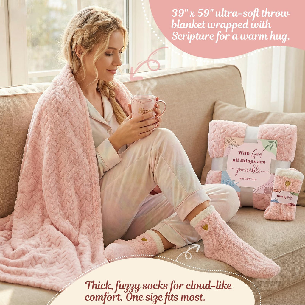 Christian Gifts for Women Faith, Religious Inspirational Catholic Encouragement Gift Sets, Unique Spiritual Christmas Birthday Gift Basket for Her Mom Grandma Sister Aunt Teacher Friend Wife w/Blanket