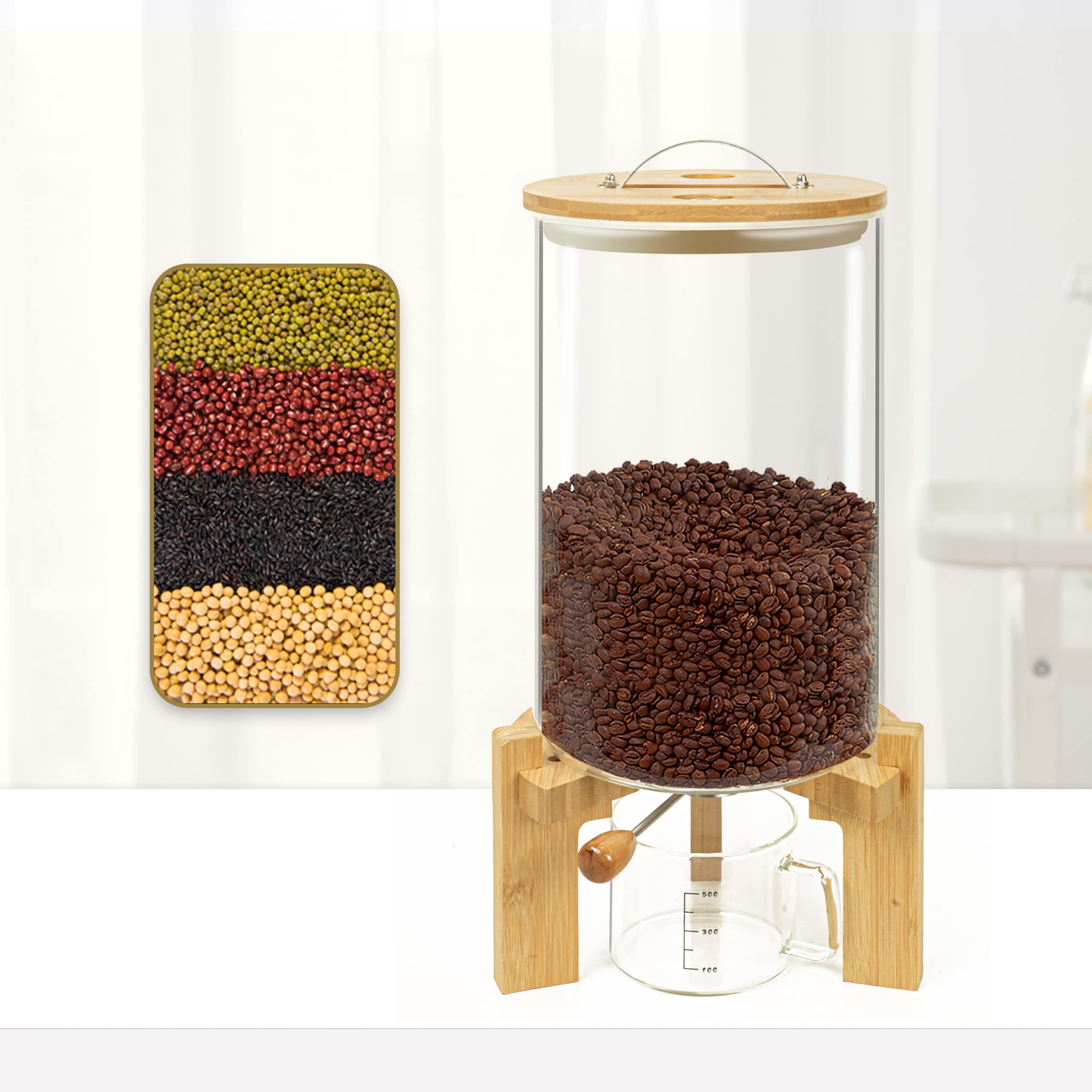 L'ÉPICÉA Glass Rice Dispenser with Bamboo Stand, Large Airtight Rice Storage Container, Cereal/Grain/Coffee Bean/Dry Food Dispenser Countertop, Rice Holder, Rice Bin