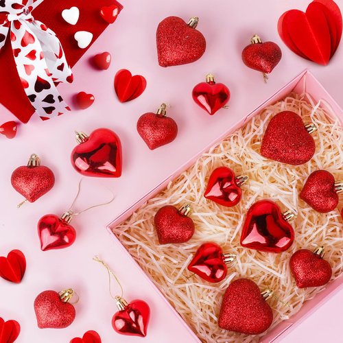 36Pcs Valentine's Day Heart Ornaments, 2 Size Heart Shaped Valentine Ornaments for Tree, Red Glitter Baubles, Anniversary Romantic Valentine's Day Tree Hanging Decorations