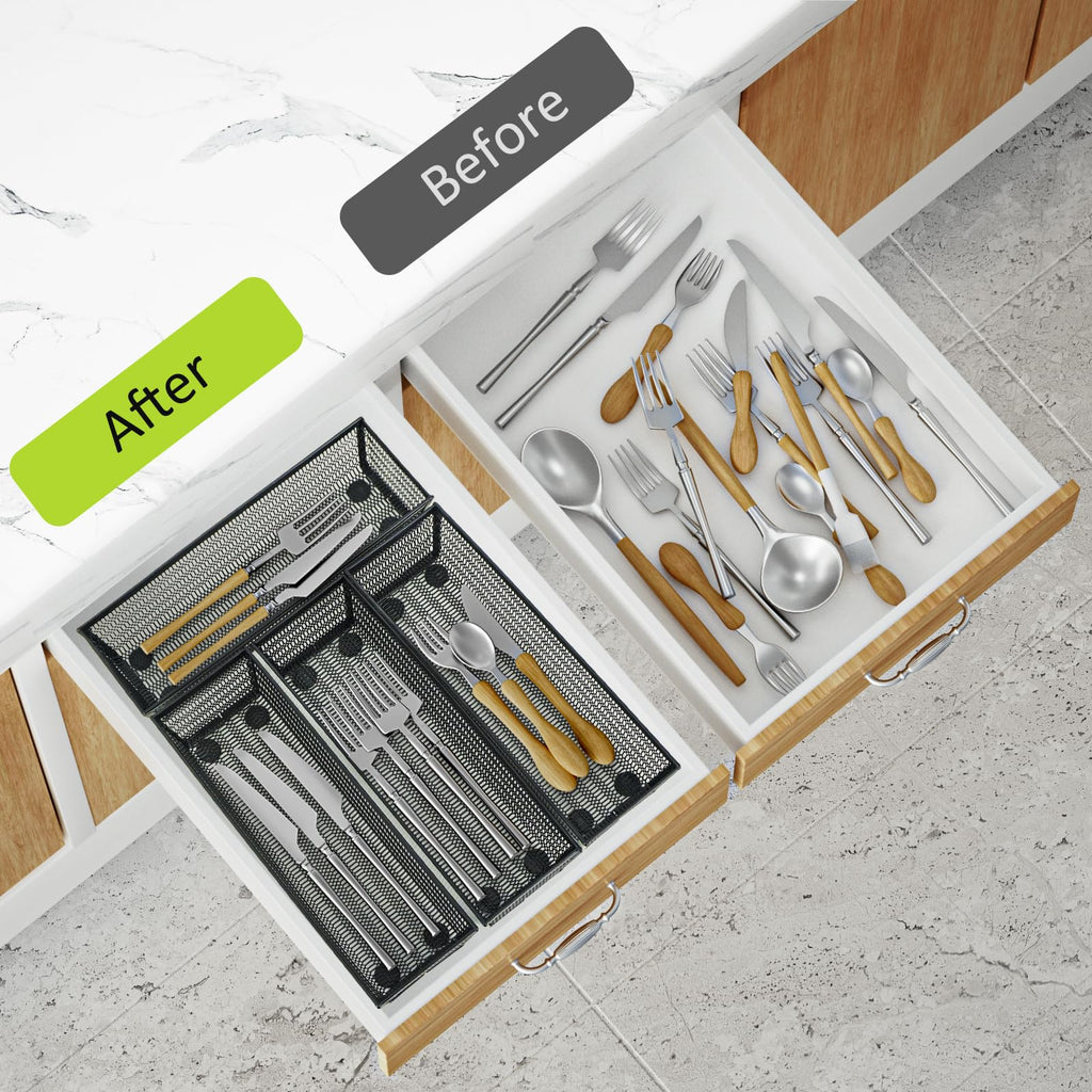 Neudeco Silverware Organizer,Mesh Drawer Organizer for Kitchen，Metal Utensil Organizer for Flatware, Knives, Spoons,Cosmetic (Black 9 * 3 * 2 inch Pack12)