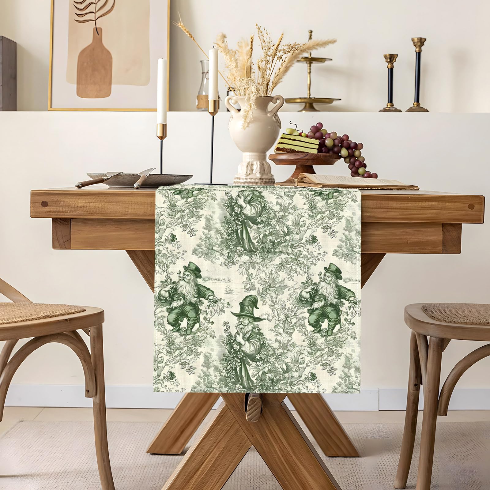 Heyfary Chinoiserie St. Patrick's Day Table Runner Toile de Jouy Irish Theme March Party Decoration Vintage Sage Green Floral Home Kitchen Dining Room Table Decor