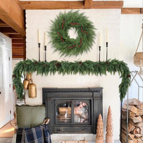 Lush Christmas Wreath - 24-Inch Real Touch Faux Cedar with Red Berries | Indoor & Outdoor Holiday Decor
