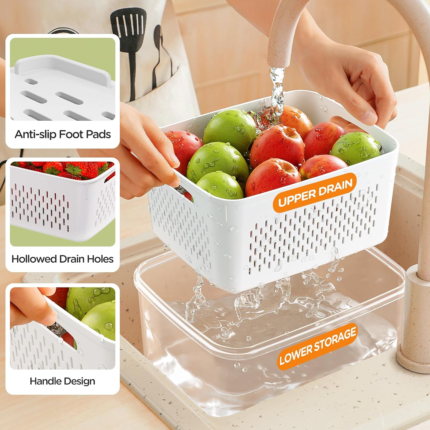 Skiennix 6 PCS Fruit Storage Containers - Leakproof Design with Removable Colanders | Keep Produce Fresh Longer