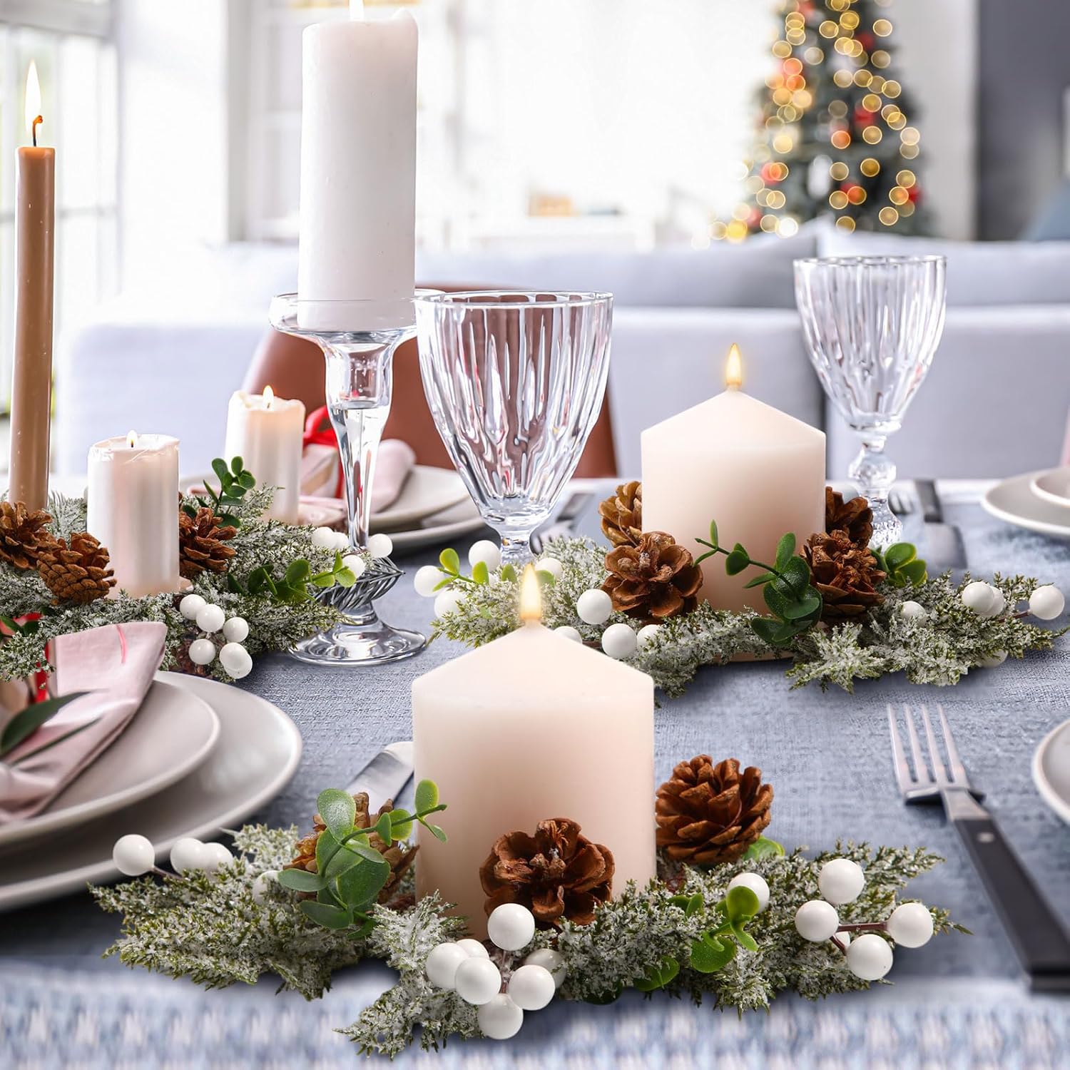 Vercraft 6-Piece Christmas Candle Rings - Snowy Pine Garland with White Berries & Pine Cones | Festive Home Decor