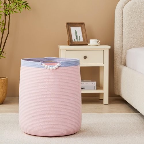 ENAORGAN 65L Pink Woven Rope Laundry Hamper Basket for Clohtes Boho Tall Rope Baskets for Blanket Large Baby Nursery Hamper for Girls Kids 16"Wide 19"Tall