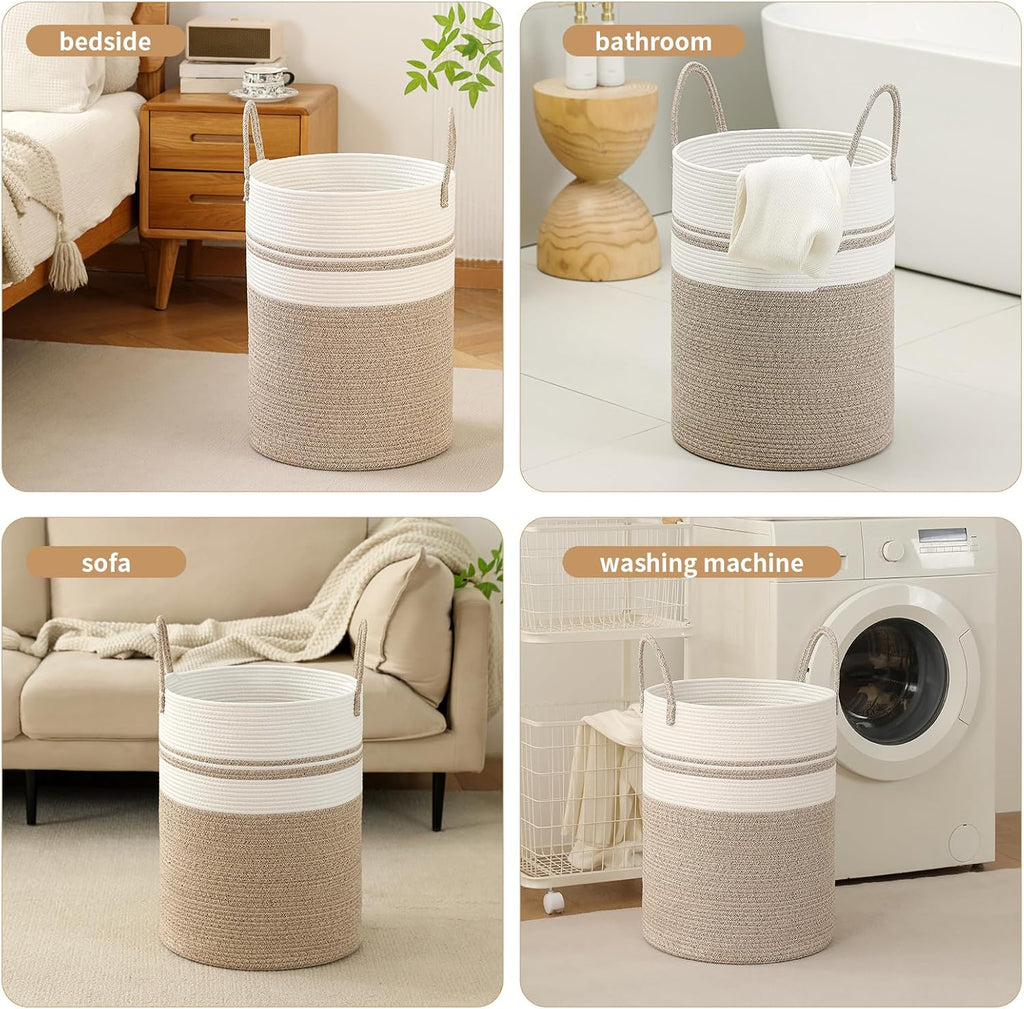Skiennix Laundry Basket Hamper - Tall Woven Rope Storage for Blankets & Toys | 60L Brown & White