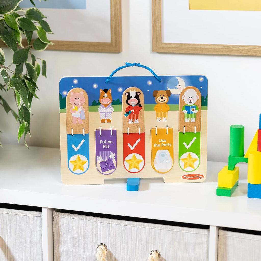 Melissa & Doug My Daily Routines Chart - Wooden Habit Tracker with Multi-Lingual Stickers | Screen-Free Preschool Toy for Ages 3+