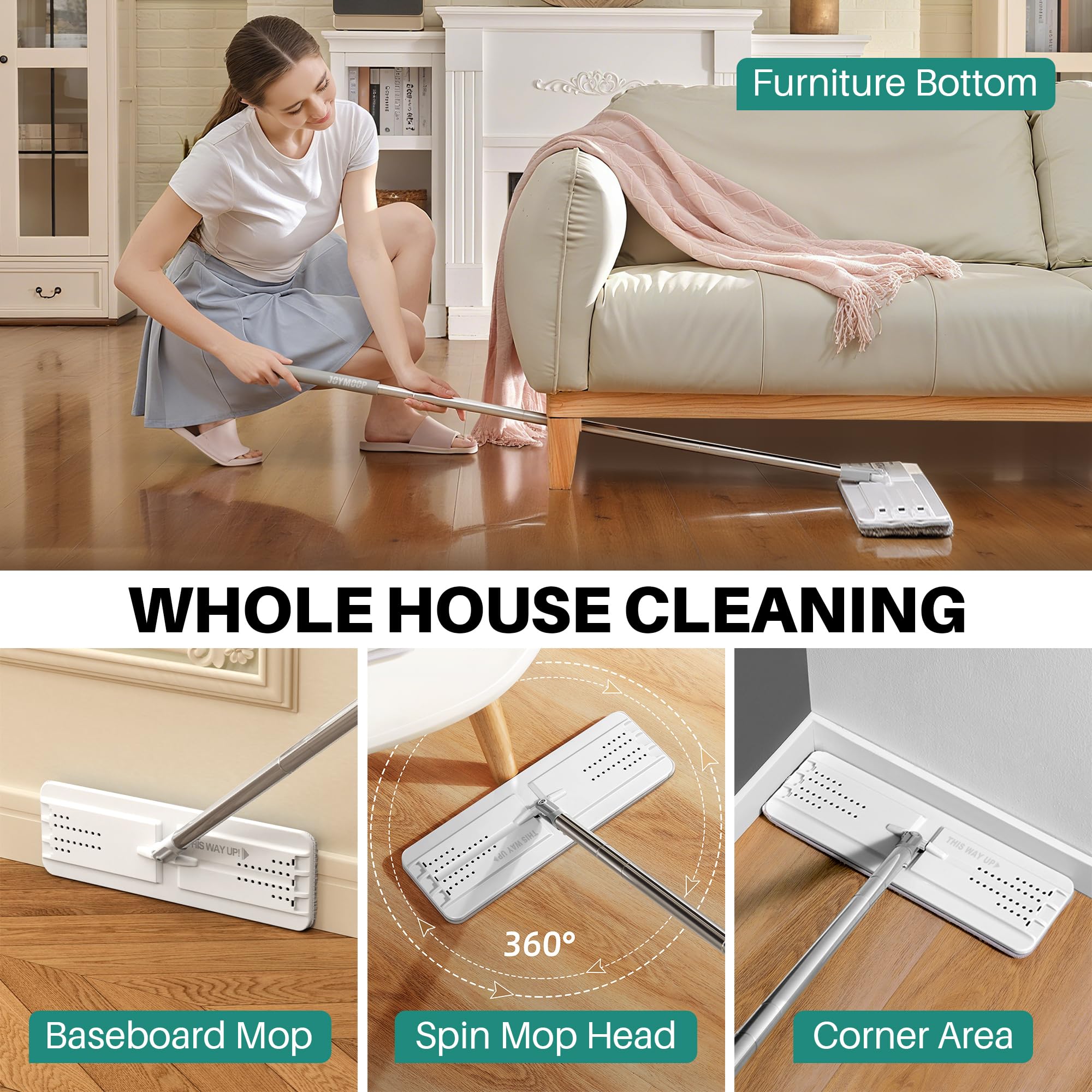 JOYMOOP Microfiber Flat Mop and Bucket System, Mops for Floor Cleaning and Wall Cleaner, Hardwood, Tile, Laminate, Vinyl Floors, Smooth Walls, and Glass Windows - 50" Flat Mop+1 Microfiber Pad[White]