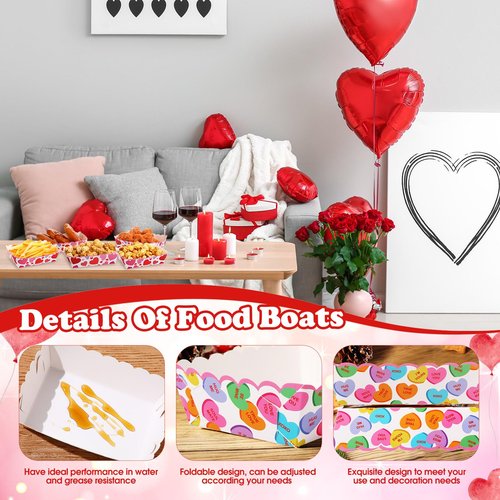 Dunzoom 60 Pcs Valentine's Day Food Trays Paper Bowls Valentines Popcorn Boxes Pink Red Love Galentines Heart Plate Disposable Snack Nacho Serving Boat Holder for Movie Night Party Supply(Fresh)