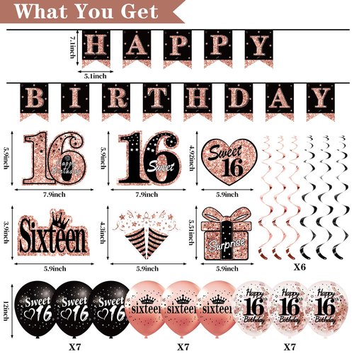 16th Birthday Decorations for Girls, 33pcs Sweet 16 Crown and Sash, Black Rose Gold Happy 16th Birthday Banner Balloons Backdrop Hanging Swirls Paper Fans, Sixteen Party Decorations Kit
