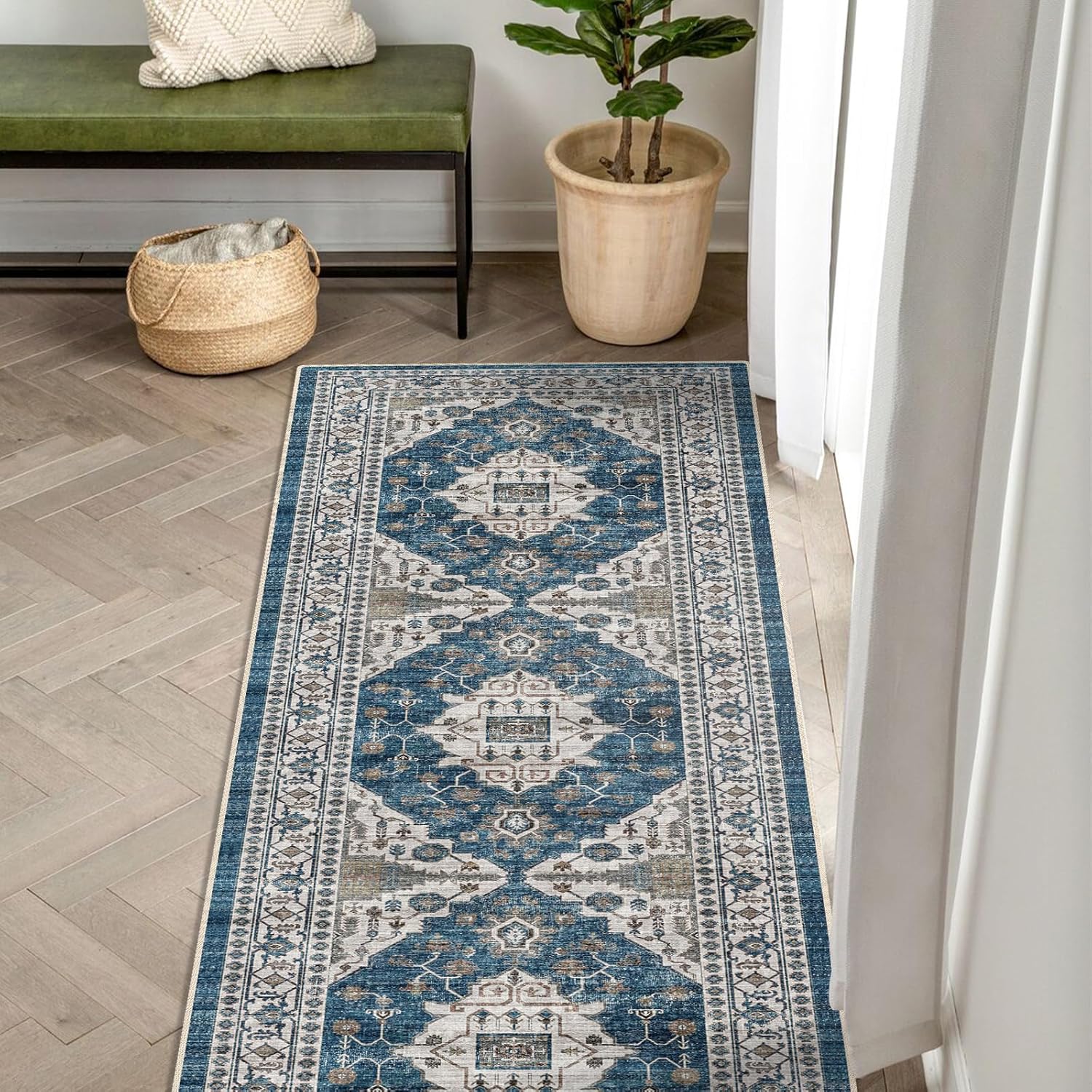 Skiennix 2x5 Washable Hallway Runner Rug - Ultra Soft Non-Slip Carpet for Entryway & Kitchen | Blue