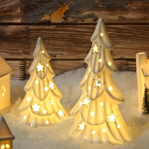 AOMOONOA Ceramic White Christmas Trees - Light Up Tabletop Porcelain Xmas Tree Figurines | 2-Piece Set