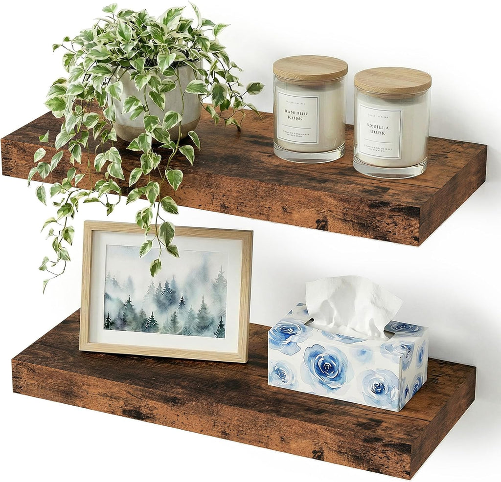 Vivelove Floating Shelves - 16-Inch Rustic Brown Display Shelves with Invisible Brackets | Set of 2 for Home Decor