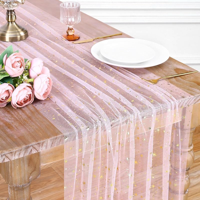 Pink Gold Gauze Table Runner 3pcs - Pink Gold Sparkling Cheesecloth Party Centerpieces (Variation: Pink Gold+29"x120" 3pcs)