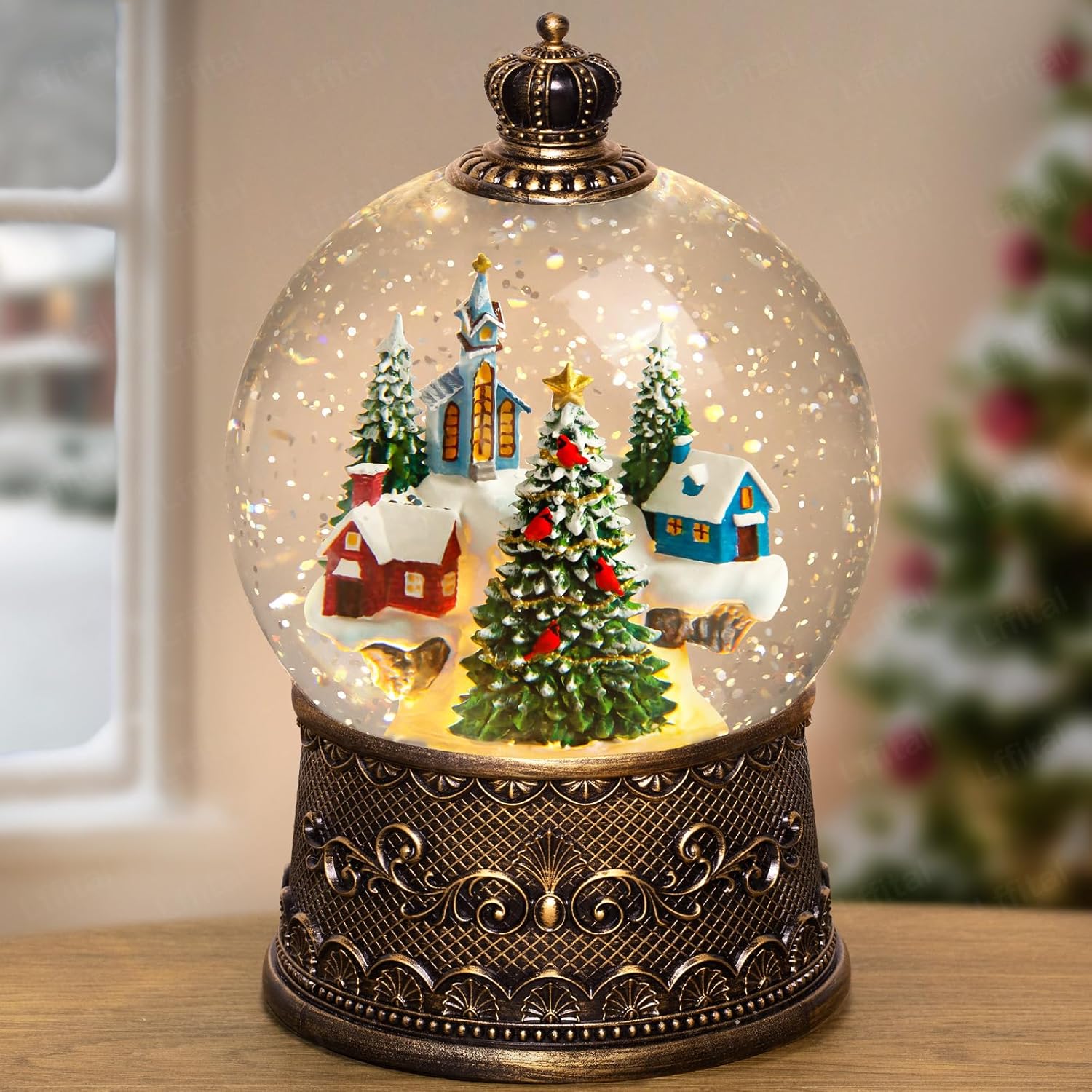 Skiennix Christmas Snow Globe Lantern - Lighted Indoor Decorations with Music Timer & Glitter | Mountain Church Design