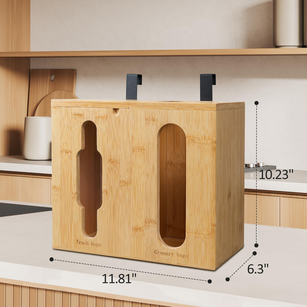 Bambition Trash Bag Dispenser & Grocery Bag Organizer, 2 in 1 Bamboo Garbage Bags Storage Box for Cabinet Door or Wall Mount