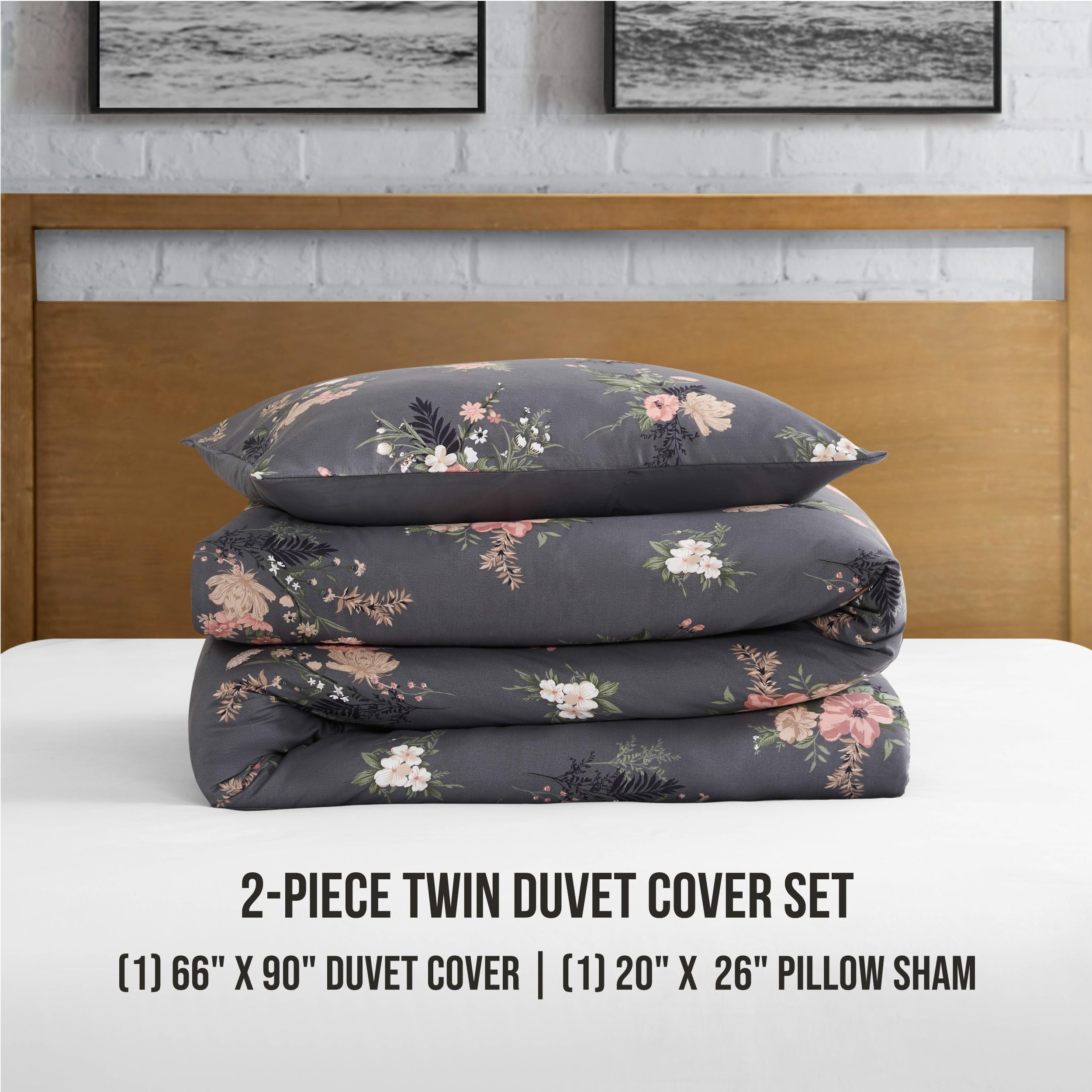 Lucky Brand Cali Bouquet Floral Dark Grey Duvet Cover Set - Twin/Twin XL Size - 2 Piece Luxurious Bedding Ensemble