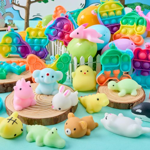 JOYIN 24 Pcs Prefilled Easter Eggs with Assorted Toys, Filled with Mochi and pop Bubble Keychains, Easter Stuffed Toys for Kids to Egg Hunt, Kids Basket Stuffers, Party Favor, Classroom Prize