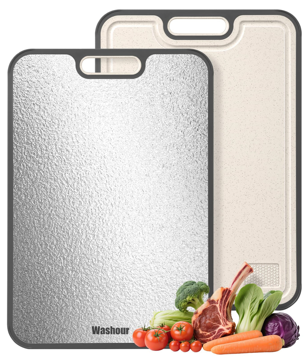 Washour Stainless Steel Cutting Boards for Kitchen, Non Toxic 2-in-1 Cutting Board Double Sided, Food Grade Chopping Boards for Fresh Meat Vegetable, Easy to Clean Large Size 16”×11”