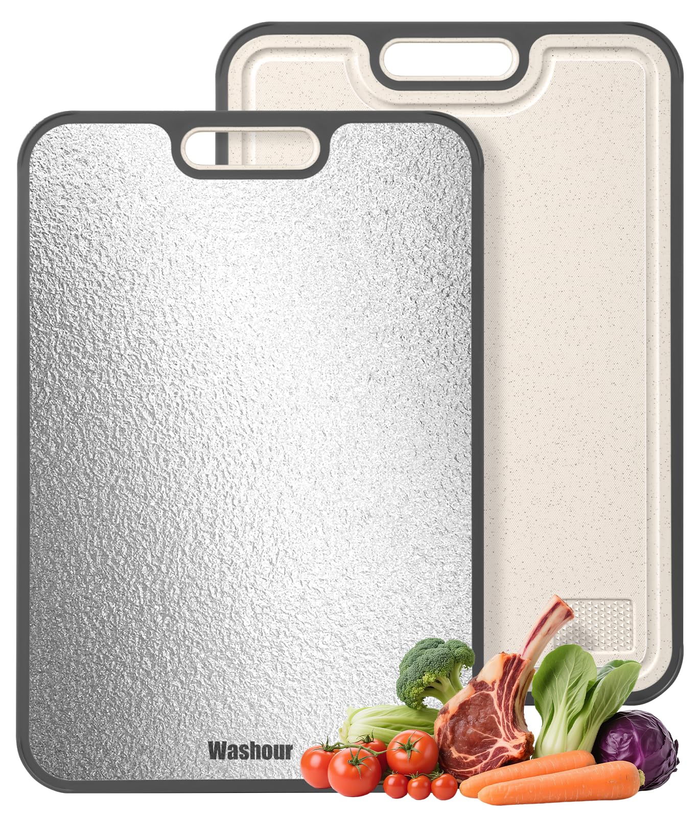 Washour Stainless Steel Cutting Boards for Kitchen, Non Toxic 2-in-1 Cutting Board Double Sided, Food Grade Chopping Boards for Fresh Meat Vegetable, Easy to Clean Large Size 16”×11”
