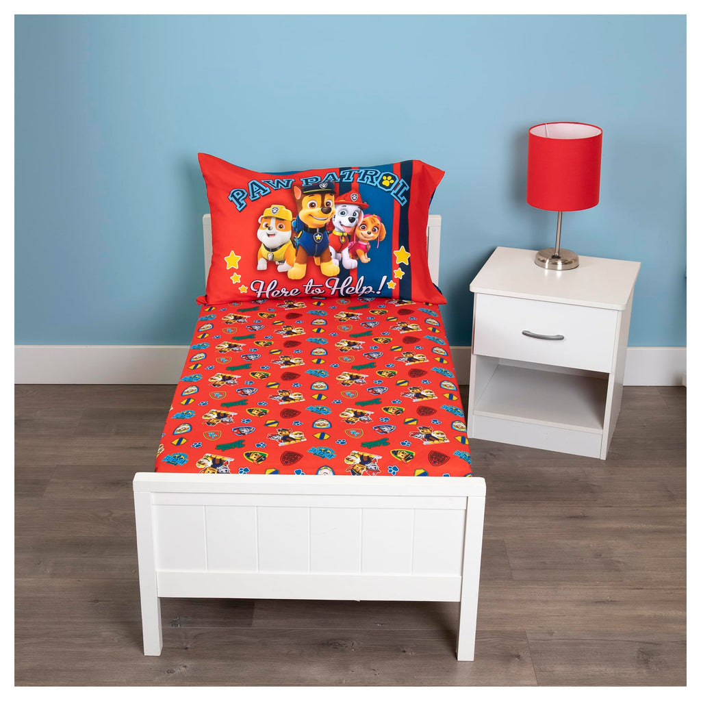 Paw Patrol Sheet Set - Fits Toddler Bed or Crib Mattress - Fitted Sheet and Reversible Pillowcase, Red
