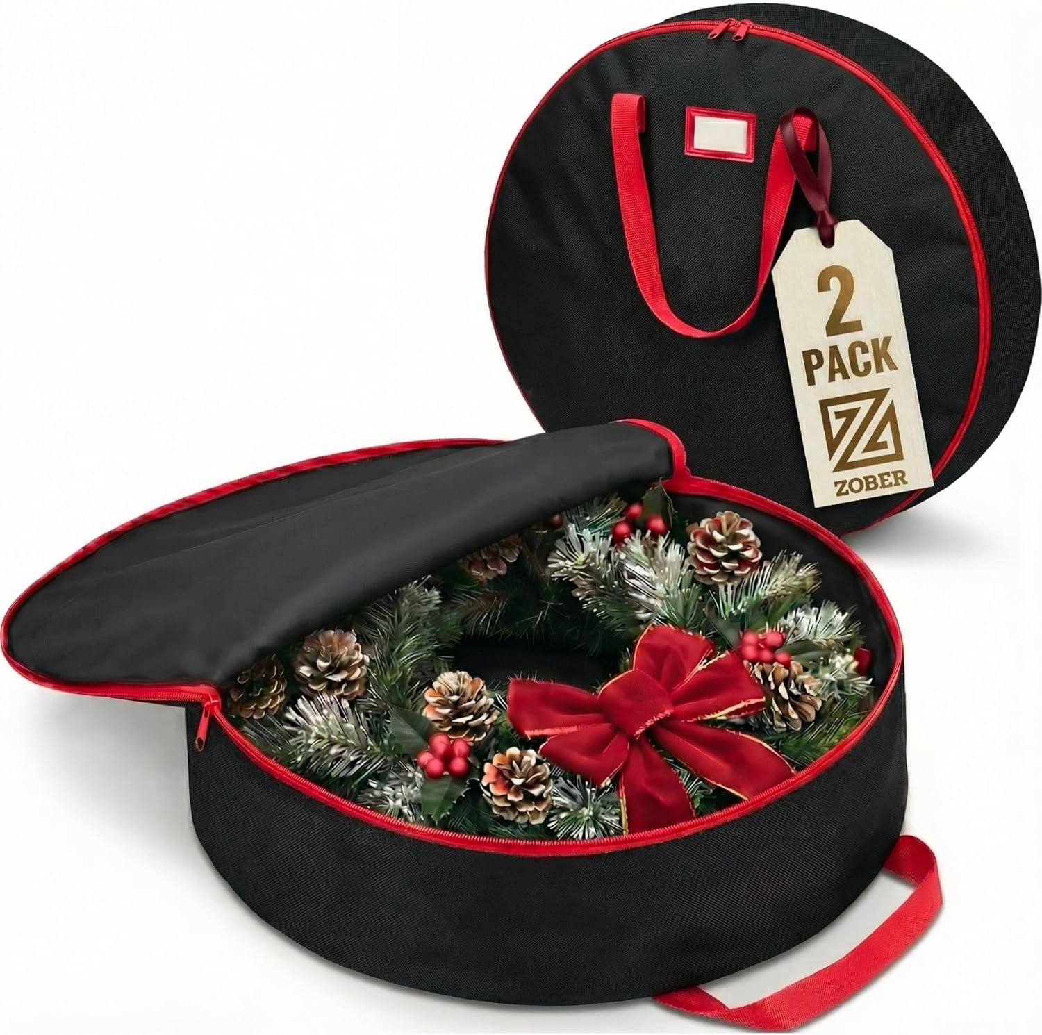 ZOBER Christmas Wreath Storage Container - 24 Inch Waterproof Oxford Bag with Dual Zippers & Durable Handles - Black