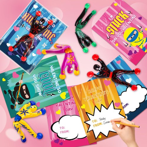 SpringFlower 28 Pack Valentine's Day Cards for Kids, Valentines Greeting Cards With Sticky Wall Climbing Men Ninja Toys for Boys Girls School Classroom Gifts Exchange, Valentine's Prizes Party Favors