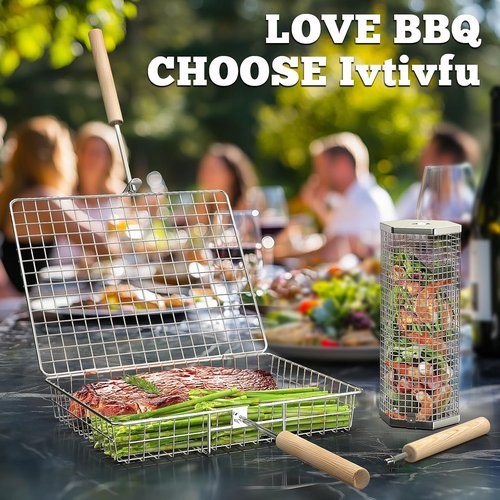 Ivtivfu Grill Basket Set - 304 Stainless Steel BBQ Tools with Removable Wooden Handle | Perfect for Vegetables & Fish