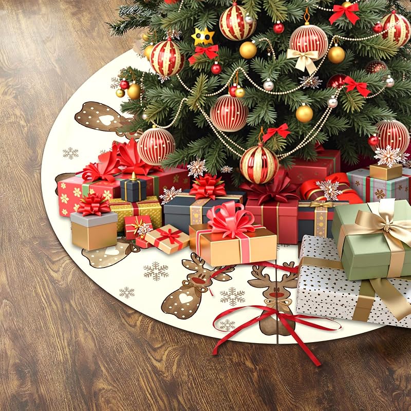 Reindeer Snowflakes Christmas Tree Skirt 36 Inch – Cream Brown Polka Dot with Heart Bow (Variation: Reindeer Snowflakes+36 Inch)
