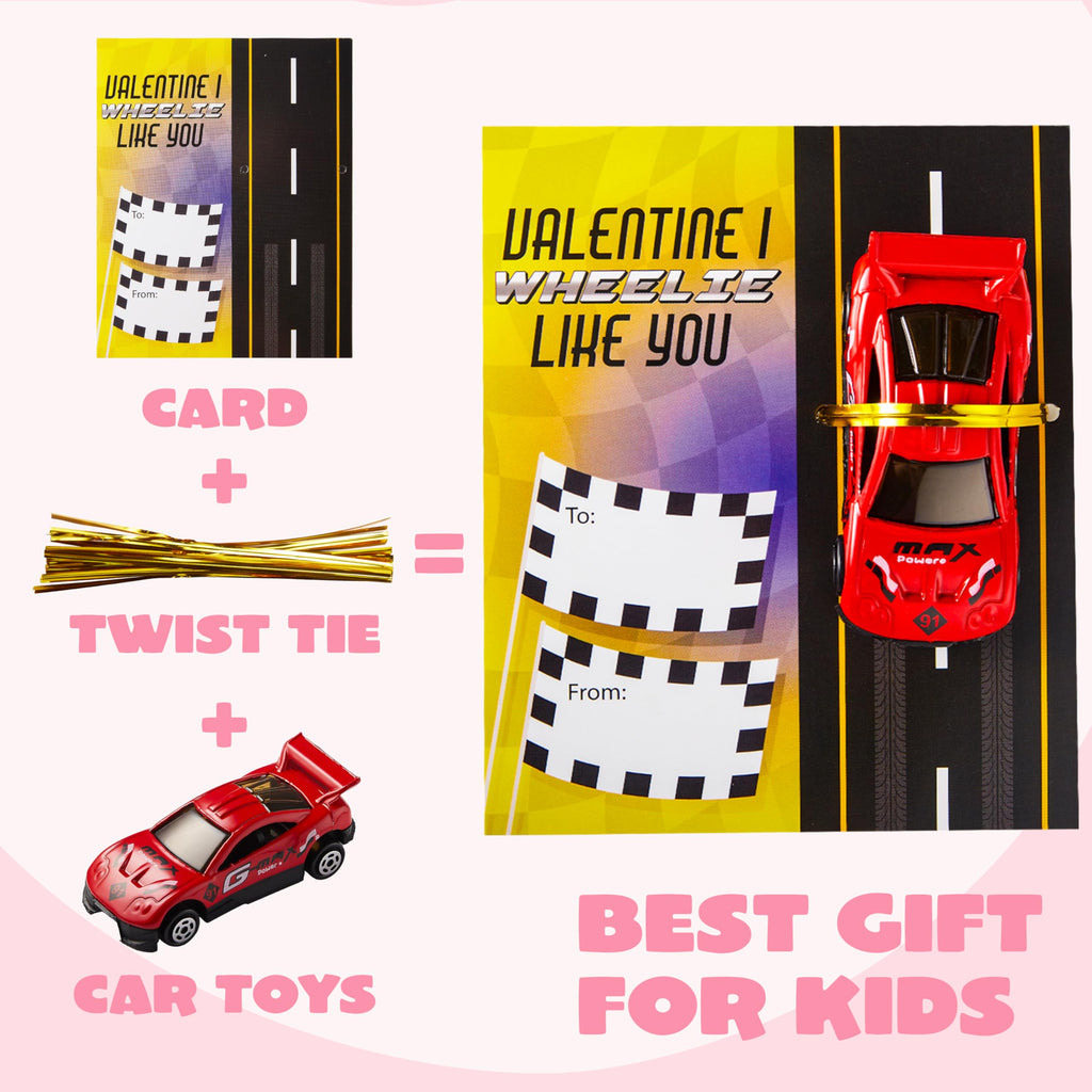 JOYIN 35 Valentines Day Die-Cast Racing Cars Gift Cards for Kids with Valentine’s School Classroom Exchange Greeting Cards, Vehicle Party Favor Toy Supplies