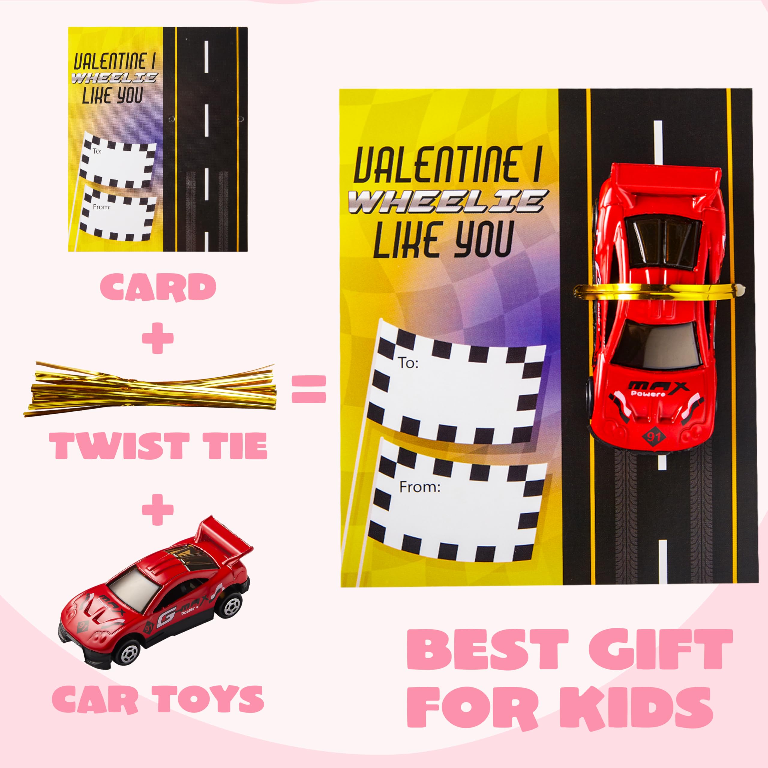 JOYIN 35 Valentines Day Die-Cast Racing Cars Gift Cards for Kids with Valentine’s School Classroom Exchange Greeting Cards, Vehicle Party Favor Toy Supplies
