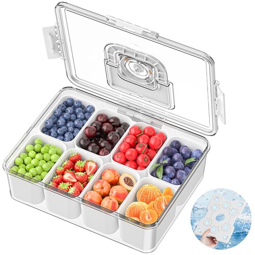 Locliki Chilled Snackle Box Container with Ice Pack, Charcoolerie Chilled Portable Serving Tray with Lid and Handle， 8 Compartment Snack Container for Charcuterie Snack Road Trip Picnic Keep Fresh