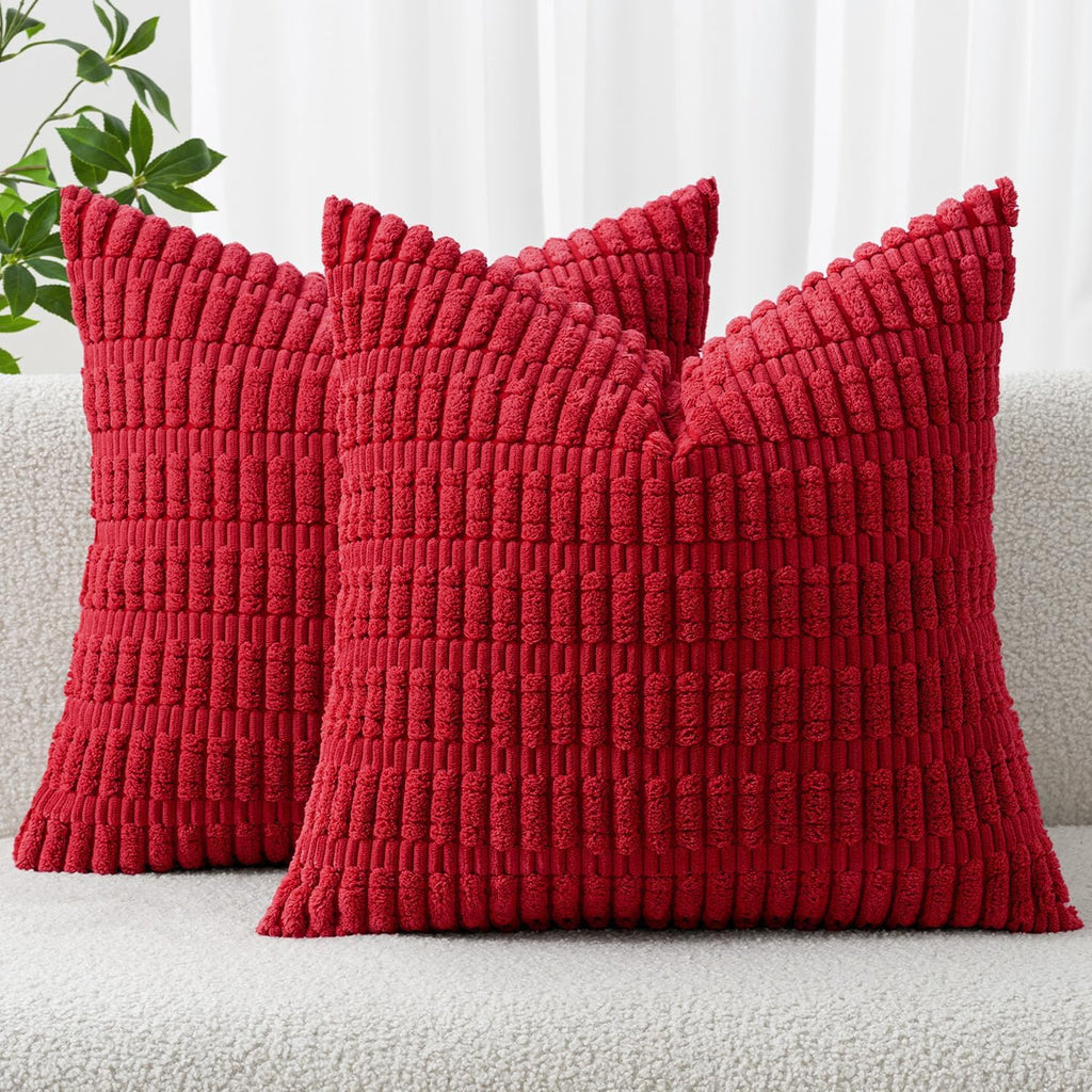 MIULEE Red Corduroy Decorative Pillow Covers - Soft Boho Striped 18x18 Inch for Modern Farmhouse Decor