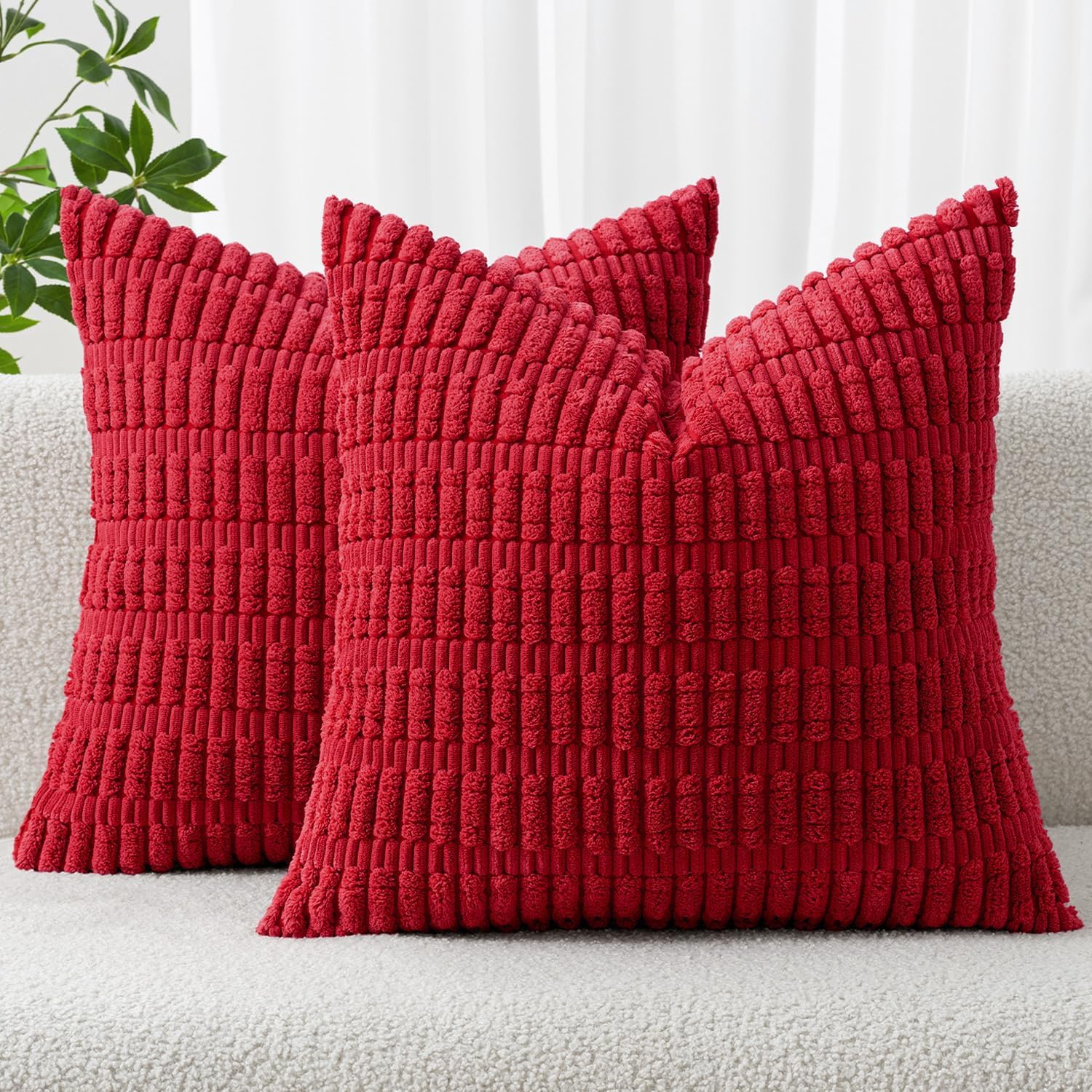 MIULEE Red Corduroy Decorative Pillow Covers - Soft Boho Striped 18x18 Inch for Modern Farmhouse Decor