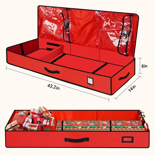 HikooLSS Wrapping Paper Organizer - Heavy Duty 600D Tear-Proof Storage Container for Christmas Gifts | Red