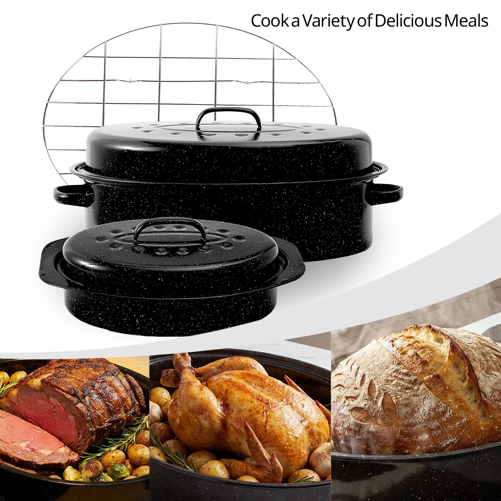 Enamel Roaster Pan With Lid and Rack Set 13"19"Granite Roasting Pans, Oval Large Turkey Baking Pan Suitable for Cooking 20lb Poultry and Beef High Temperature Resistance Oven Cookware