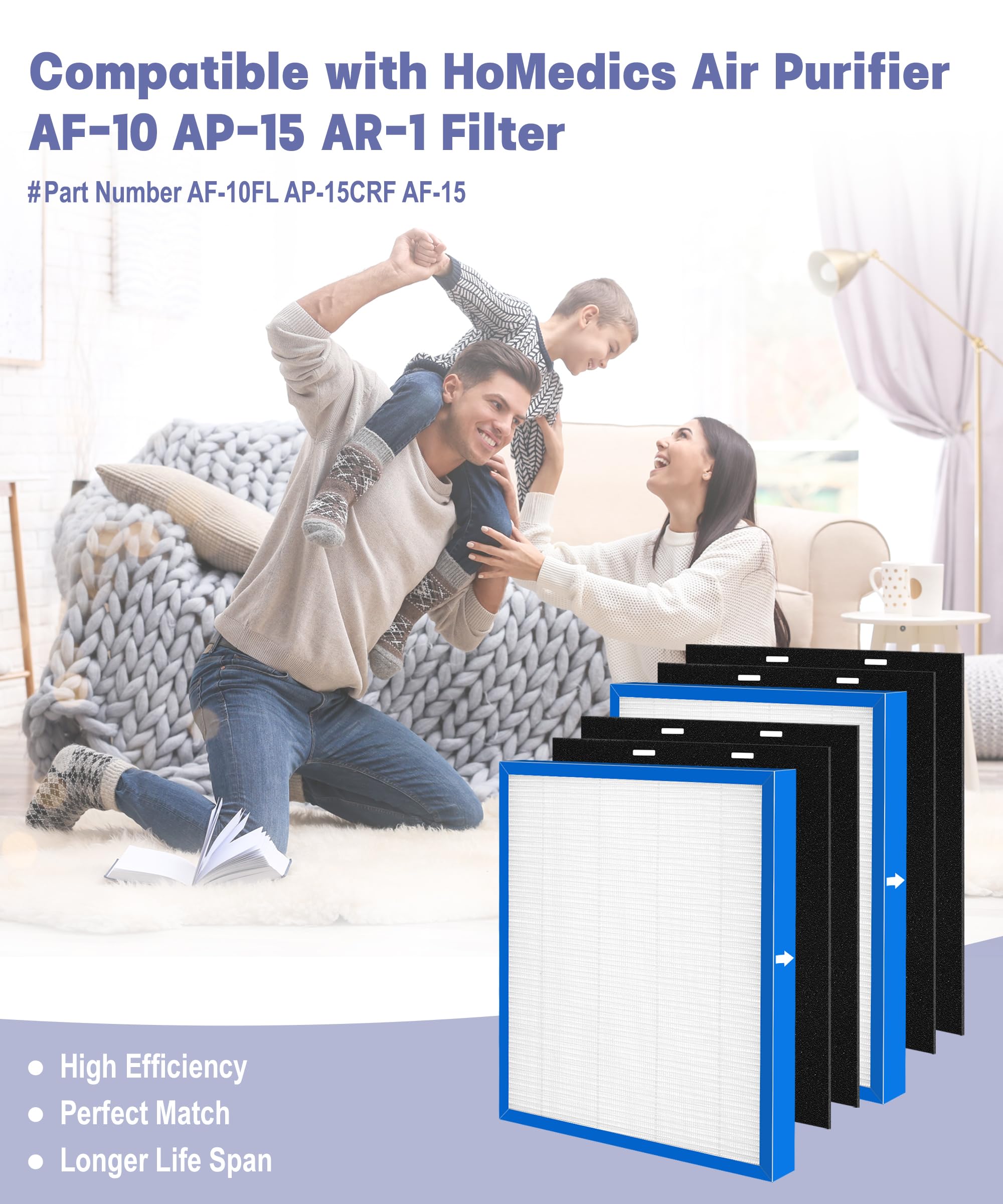 Popurure AF-10FL Replacement Filter Compatible with HoMedics Air Purifier AF-10 AP-15 AR-10 Filter, Part Number AF-10FL AP-15CRF AF-15, with 2 HEPA Filter + 4 Activated Carbon Pre-filters
