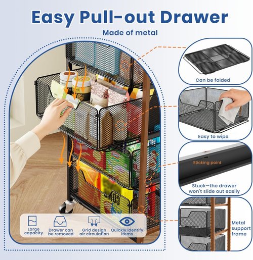 Goovilla Kitchen Cart - 4-Tier Metal Rolling Utility Organizer with Lockable Wheels & Wooden Top - Black
