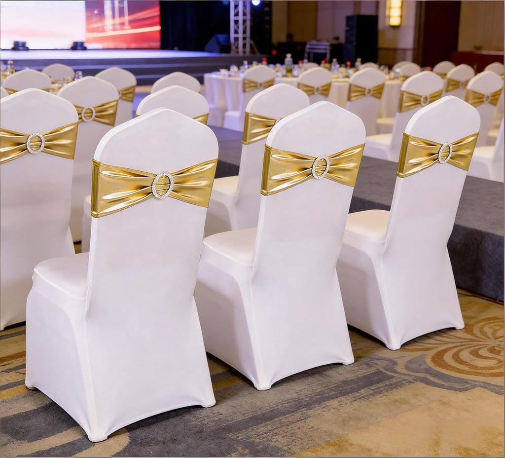 Skiennix Spandex Gold Chair Sashes - Pack of 50 for Weddings, Parties & Events | Elegant Metal Bow Design