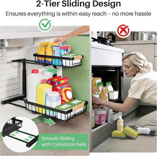 Kitstorack Under Sink Organizer - 2 Tier Metal Sliding Drawer for Kitchen & Bathroom Storage | Black, 1 Pack