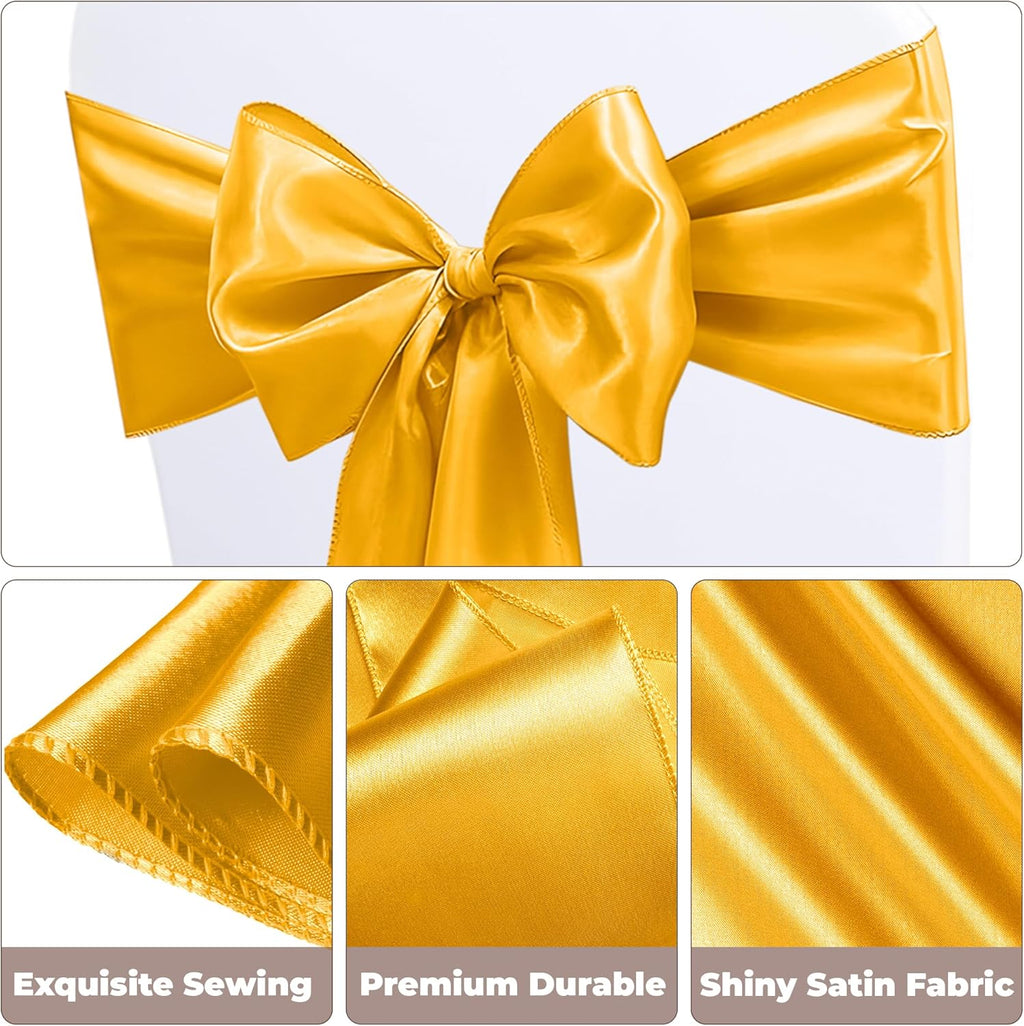 Regine Switzerland Satin Chair Sashes - 50 Pcs Gold Ribbon Bows for Weddings & Events | 7x108 Inch