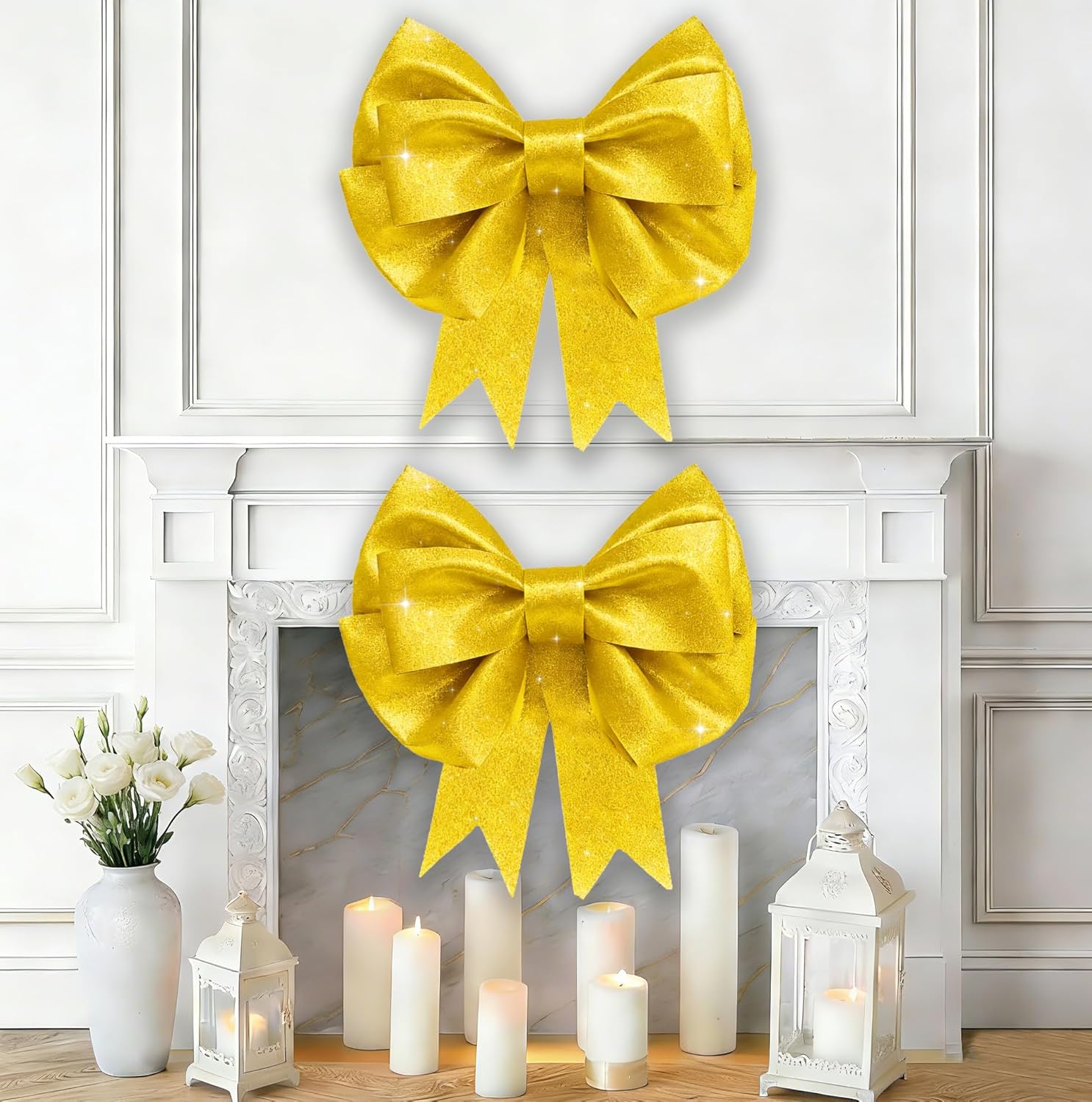 Skiennix 2 Pack Large Gold Glitter Bows - 20"x24" Giant DIY Party Decorations | Perfect for Weddings & Gifts