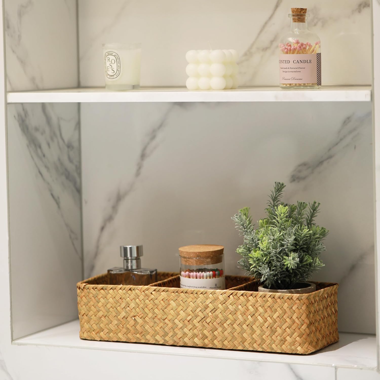 Seagrass Storage Basket - 3-Section Woven Compartment Baskets | Natural, 14.6” x 4.7” x 3.1”