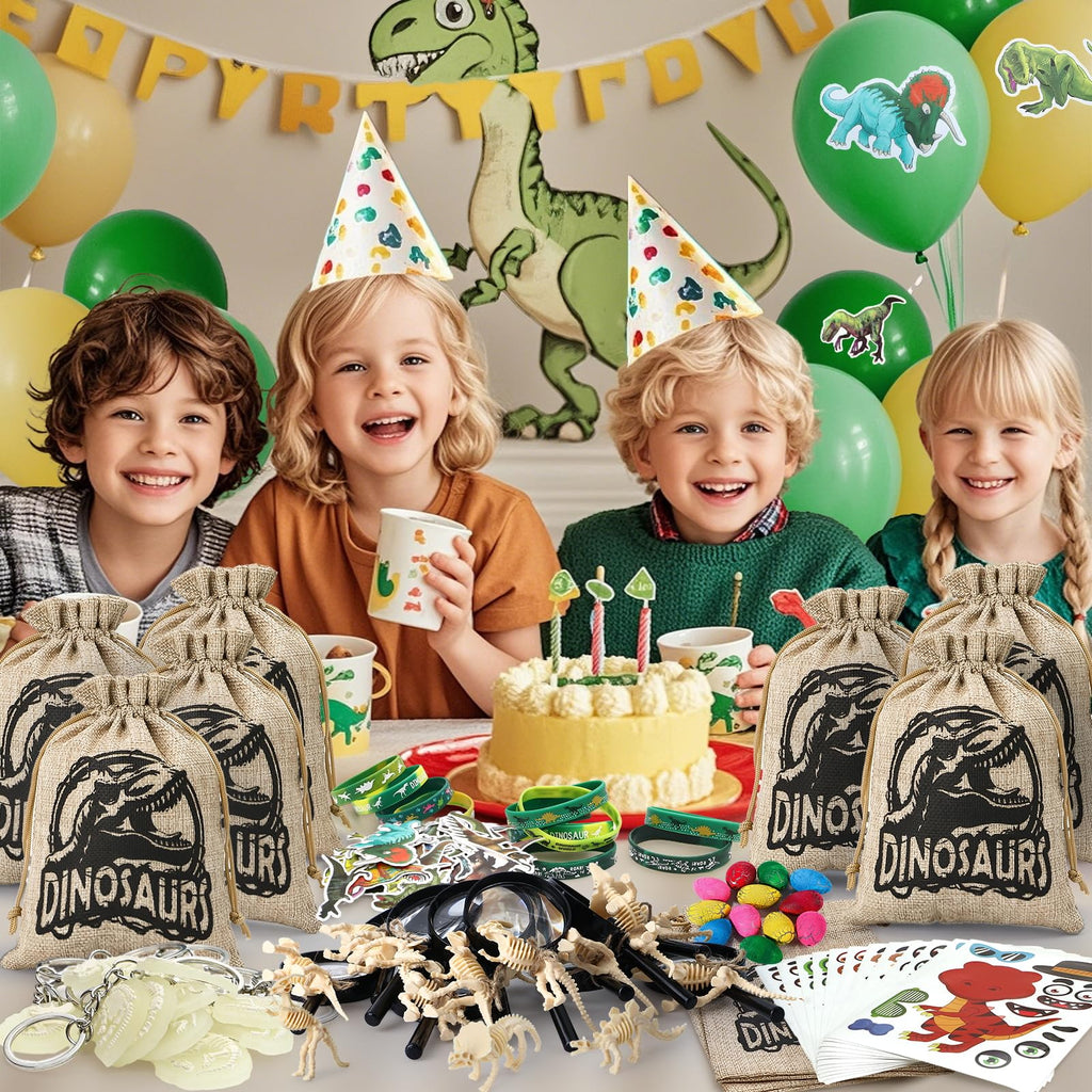 SNLN 12 Sets Dinosaur Party Favors for Kids Birthday, Magnifying Glasses Luminous Keyring Dino Egg Sticker Dino Party Supplies with Skeleton Toy Silicone Bracelet Gift Bag Dino Theme Stuffer Fillers