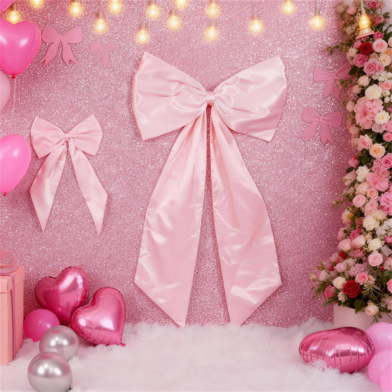 Skiennix Pink Bow Decor - 2 Pack of Large & Small Coquette Wall Backdrop for Valentine's Day & Events