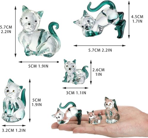 HDCRYSTALGIFTS Blown Glass Cat Figurines - 4-Pack Emerald Green Crystal Kittens for Home Decor & Gifts