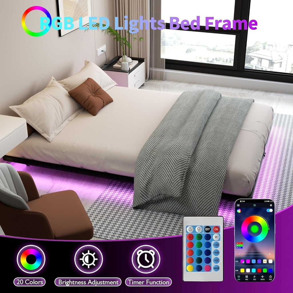 FSJianYi Queen Floating Bed Frame with LED Lights - Modern Metal Platform Bed Frame - Noise Free No Box Spring Needed and Easy Assembly,60W x 80L in