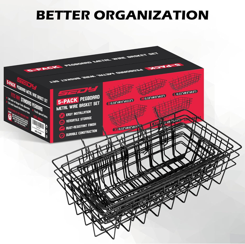 Premium Black Metal Wire Baskets | 5-Piece Heavy Duty Pegboard Organizer Set for Garage & Craft Room